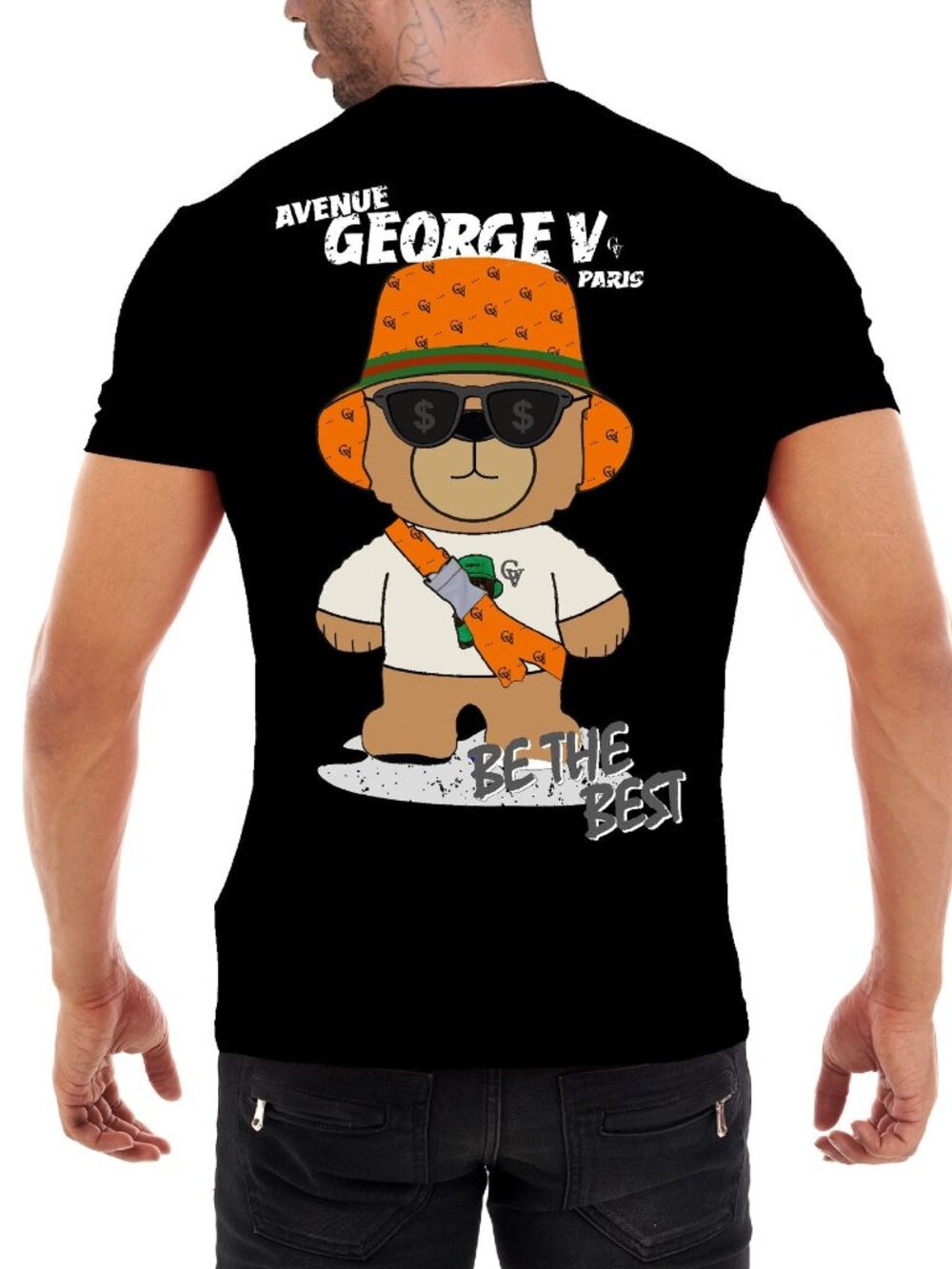 Avenue George V Paris Black T-Shirt Men's Short Sleeve Tee Teddy Bear print L XL